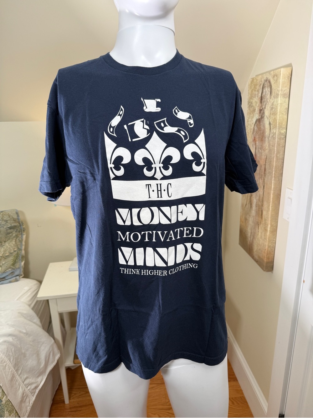 THC Money Motivated Minds Graphic T-Shirt Navy Blue Streetwear Tee L